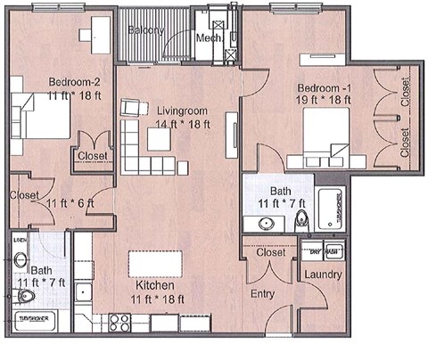 Floor plan for 2 beds, 2 baths, 1415 sqft